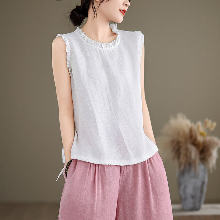 Buddha Stones Letnia falbaniasta damska kamizelka ze ściągaczem i okrągłym dekoltem z bawełny i lnu - Biały - US8-10，UK/AU12-14，EU40-42 (2XL) - image 20