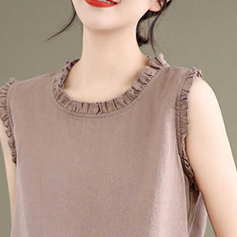 Buddha Stones Letnia falbaniasta damska kamizelka ze ściągaczem i okrągłym dekoltem z bawełny i lnu - image 18