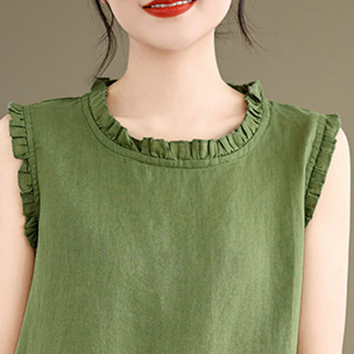 Buddha Stones Letnia falbaniasta damska kamizelka ze ściągaczem i okrągłym dekoltem z bawełny i lnu - image 6