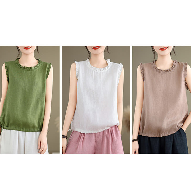 Buddha Stones Letnia falbaniasta damska kamizelka ze ściągaczem i okrągłym dekoltem z bawełny i lnu - image 28
