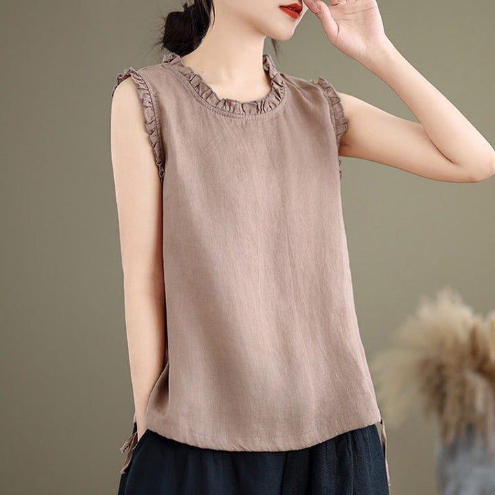 Buddha Stones Letnia falbaniasta damska kamizelka ze ściągaczem i okrągłym dekoltem z bawełny i lnu - image 17