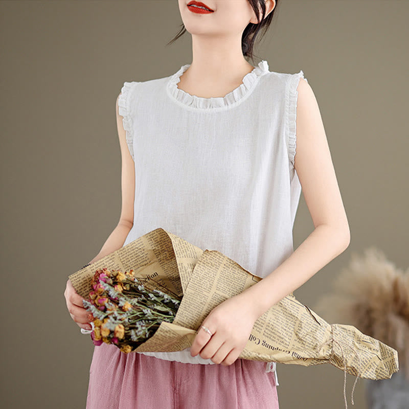 Buddha Stones Letnia falbaniasta damska kamizelka ze ściągaczem i okrągłym dekoltem z bawełny i lnu - image 25