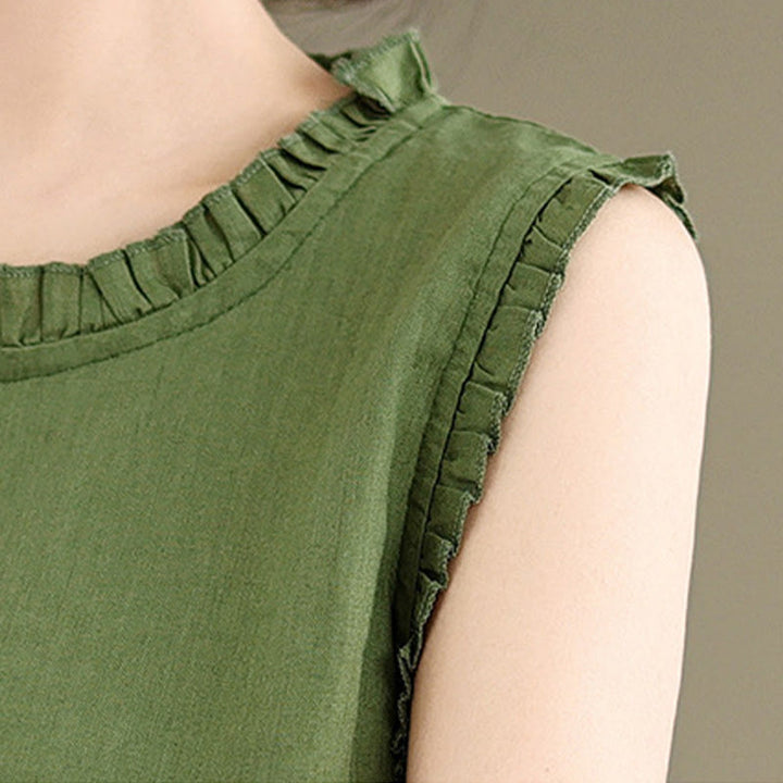 Buddha Stones Letnia falbaniasta damska kamizelka ze ściągaczem i okrągłym dekoltem z bawełny i lnu - image 8