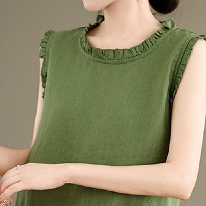 Buddha Stones Letnia falbaniasta damska kamizelka ze ściągaczem i okrągłym dekoltem z bawełny i lnu - image 5