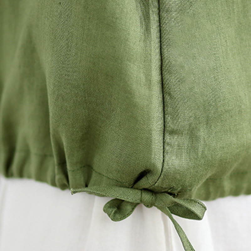 Buddha Stones Letnia falbaniasta damska kamizelka ze ściągaczem i okrągłym dekoltem z bawełny i lnu - image 10