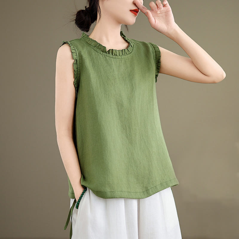 Buddha Stones Letnia falbaniasta damska kamizelka ze ściągaczem i okrągłym dekoltem z bawełny i lnu - image 4