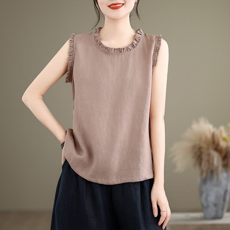 Buddha Stones Letnia falbaniasta damska kamizelka ze ściągaczem i okrągłym dekoltem z bawełny i lnu - Oset - US8-10，UK/AU12-14，EU40-42 (2XL) - image 14