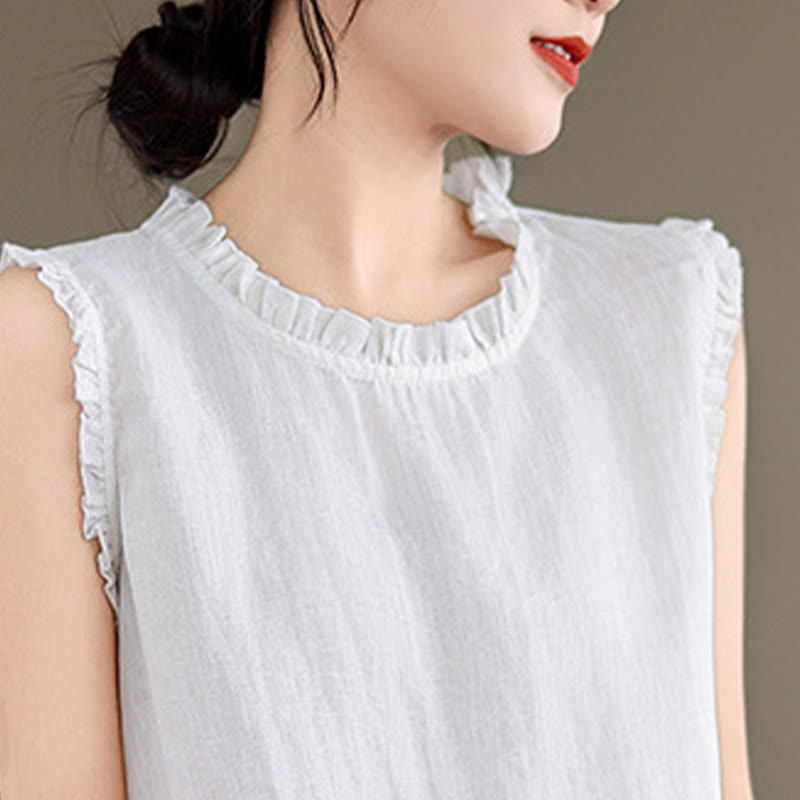 Buddha Stones Letnia falbaniasta damska kamizelka ze ściągaczem i okrągłym dekoltem z bawełny i lnu - image 27