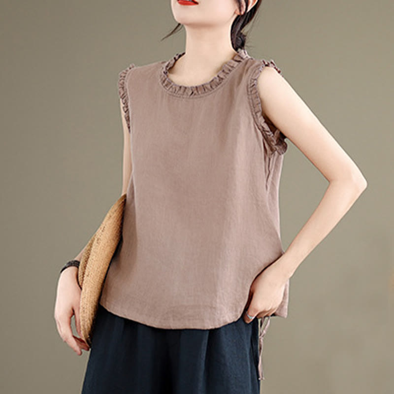 Buddha Stones Letnia falbaniasta damska kamizelka ze ściągaczem i okrągłym dekoltem z bawełny i lnu - image 15