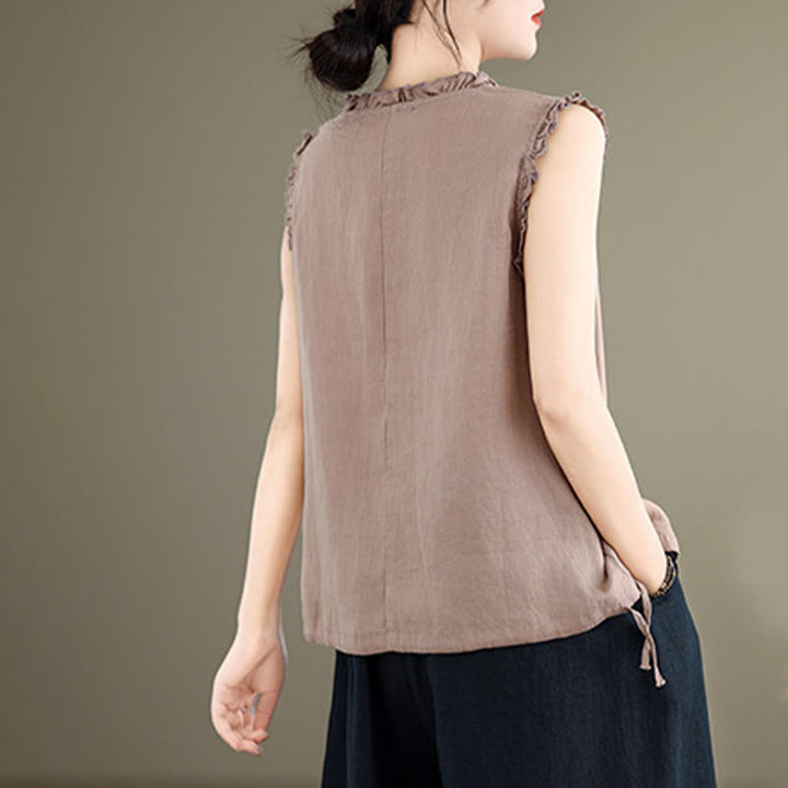Buddha Stones Letnia falbaniasta damska kamizelka ze ściągaczem i okrągłym dekoltem z bawełny i lnu - image 16