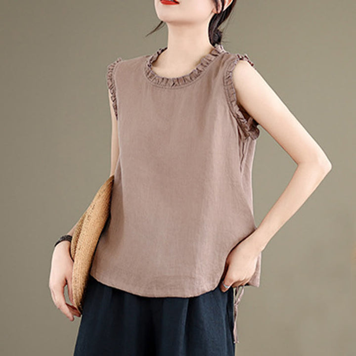 Buddha Stones Letnia falbaniasta damska kamizelka ze ściągaczem i okrągłym dekoltem z bawełny i lnu - image 15