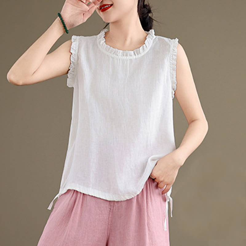 Buddha Stones Letnia falbaniasta damska kamizelka ze ściągaczem i okrągłym dekoltem z bawełny i lnu - image 23