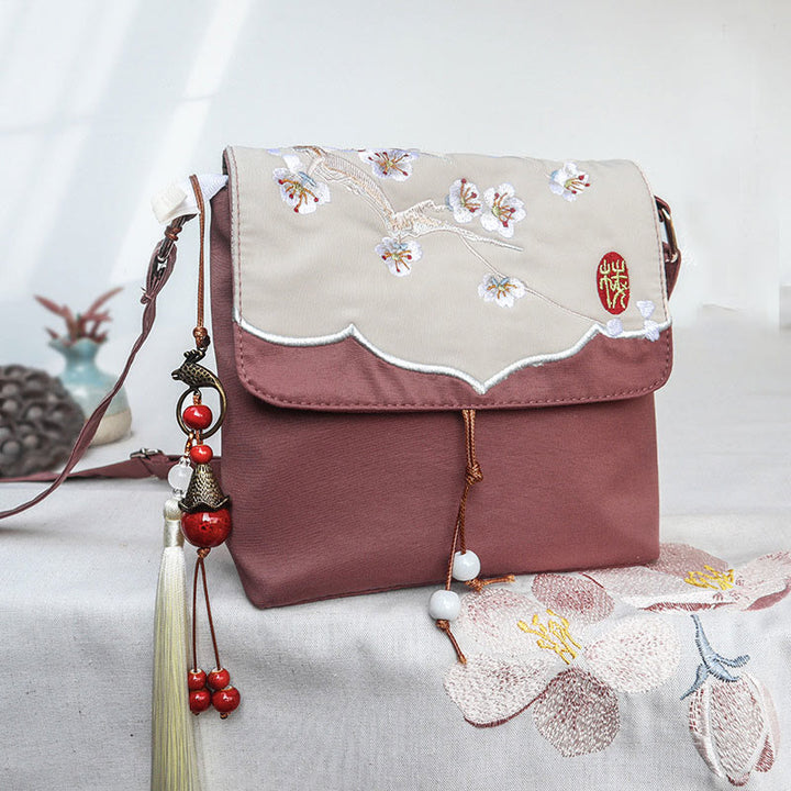 Buddha Stones, gładka brązowa haftowana śliwka, bossom, bawełniana, lniana torba typu crossbody, torba na ramię