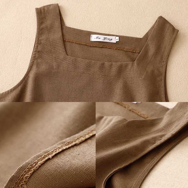 Buddha Stones Letnia damska kamizelka bez rękawów z kwadratowym kołnierzykiem z bawełny i lnu - image 3