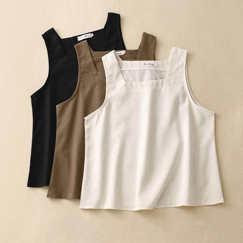 Buddha Stones Letnia damska kamizelka bez rękawów z kwadratowym kołnierzykiem z bawełny i lnu - image 15