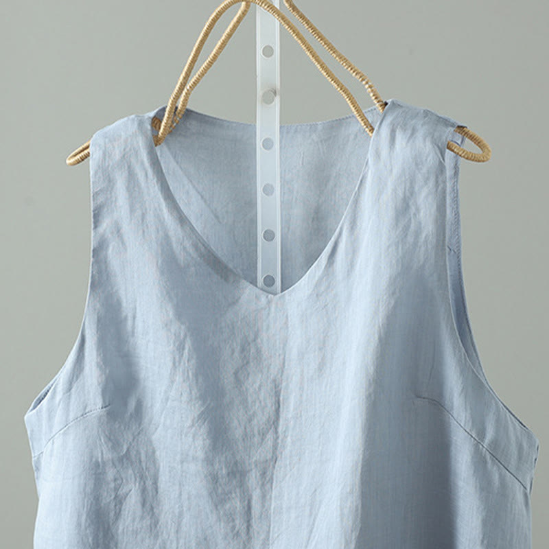 Buddha Stones Vintage Pure Color V-Neck Cotton Bezrękawnik Damska Kamizelka Kamizelka - image 1