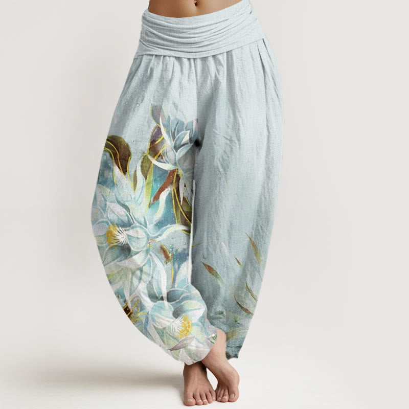 Damskie spodnie haremowe z elastyczną talią i bawełnianymi kwiatami epifyllum z motywem Buddha Stones - Jasnoniebieski - US22, UK/AU26, EU54 (6XL) - image 0