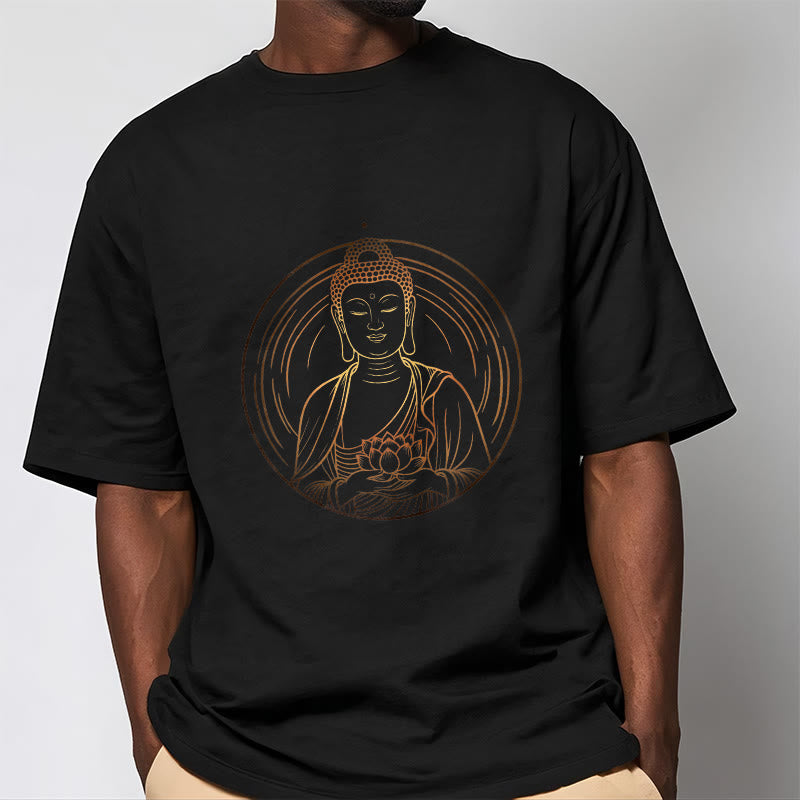 Buddha Stones Złoty Budda Trzymający Kwiat Lotosu Koszulka T-shirt - image 1