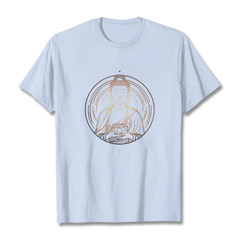 Buddha Stones Złoty Budda Trzymający Kwiat Lotosu Koszulka T-shirt - Jasnoniebieski - 2XL - image 18