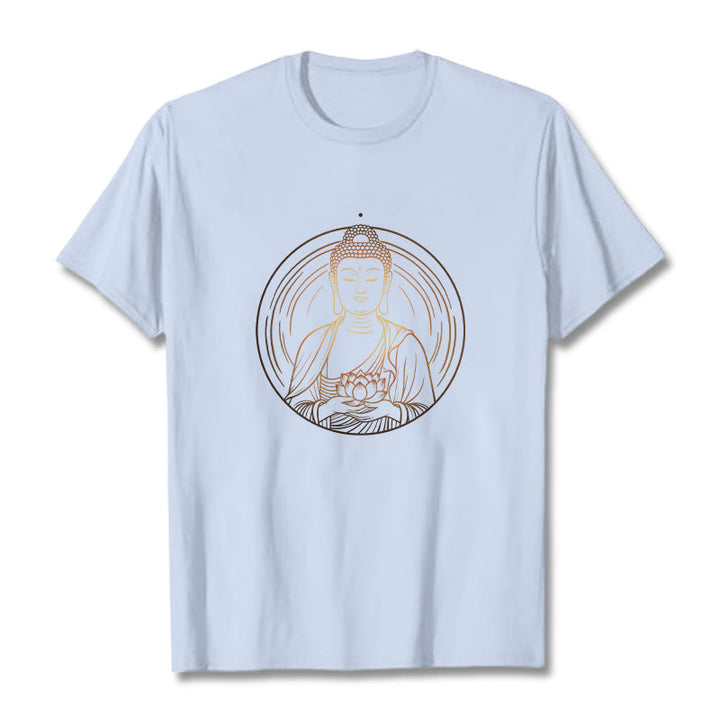 Buddha Stones Złoty Budda Trzymający Kwiat Lotosu Koszulka T-shirt - Jasnoniebieski - 2XL - image 18
