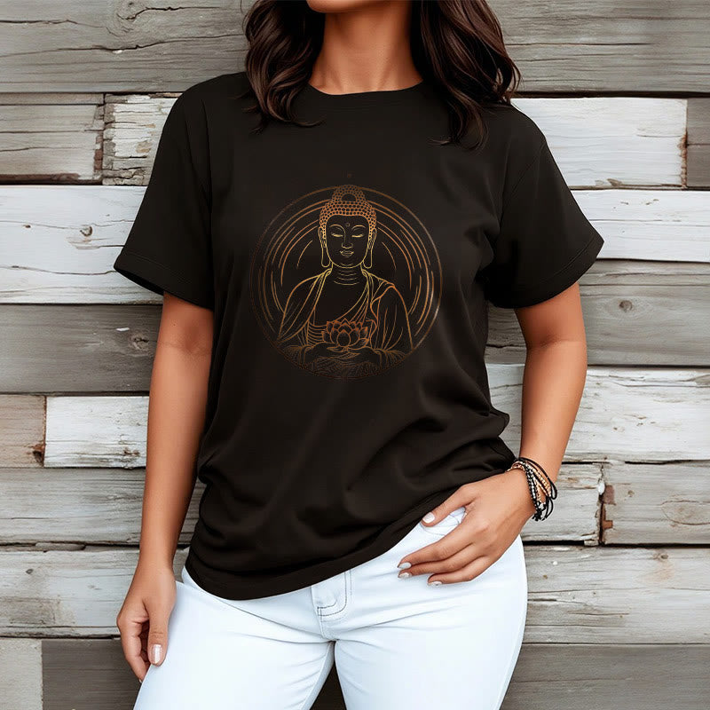 Buddha Stones Złoty Budda Trzymający Kwiat Lotosu Koszulka T-shirt - image 3