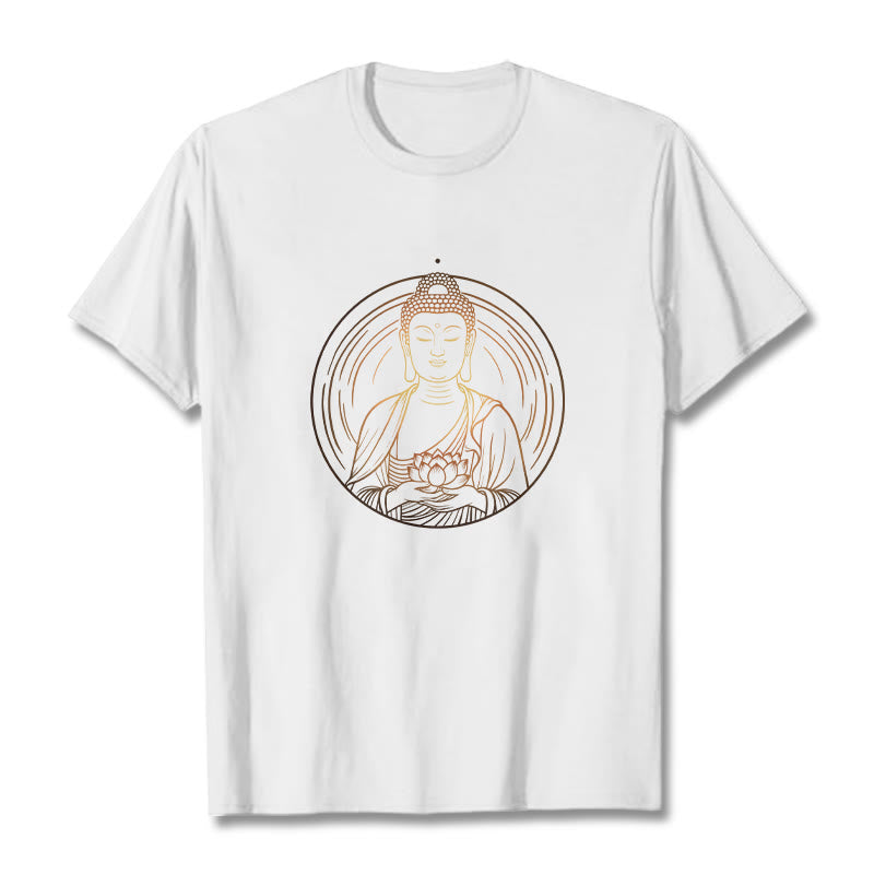 Buddha Stones Złoty Budda Trzymający Kwiat Lotosu Koszulka T-shirt - Biały - 2XL - image 5