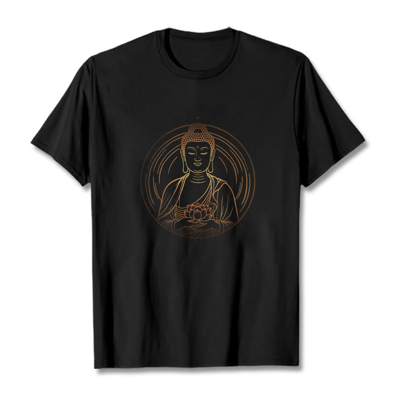 Buddha Stones Złoty Budda Trzymający Kwiat Lotosu Koszulka T-shirt - Czarny - 2XL - image 0
