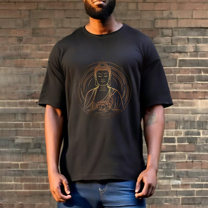 Buddha Stones Złoty Budda Trzymający Kwiat Lotosu Koszulka T-shirt - image 2