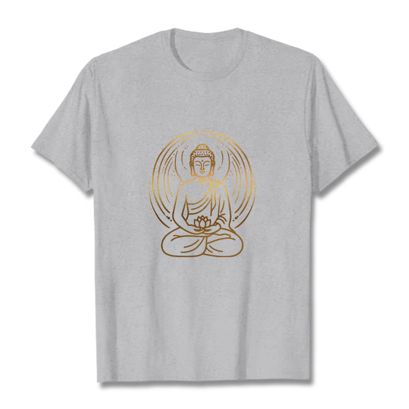 Buddha Stones Złota Medytacja Budda Halo Trzymający Kwiat Lotosu Koszulka T-shirt - Jasnoszary - 2XL - image 19