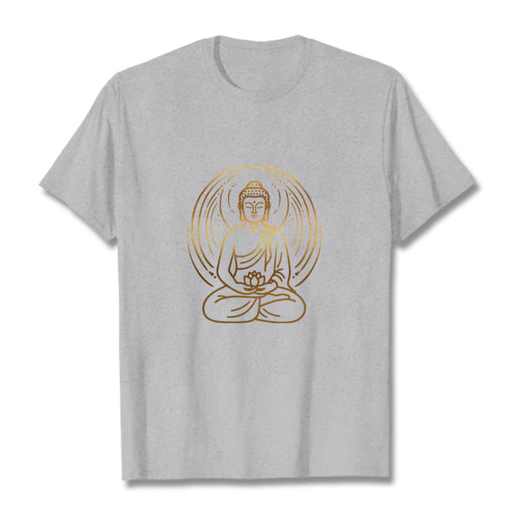 Buddha Stones Złota Medytacja Budda Halo Trzymający Kwiat Lotosu Koszulka T-shirt - Jasnoszary - 2XL - image 19