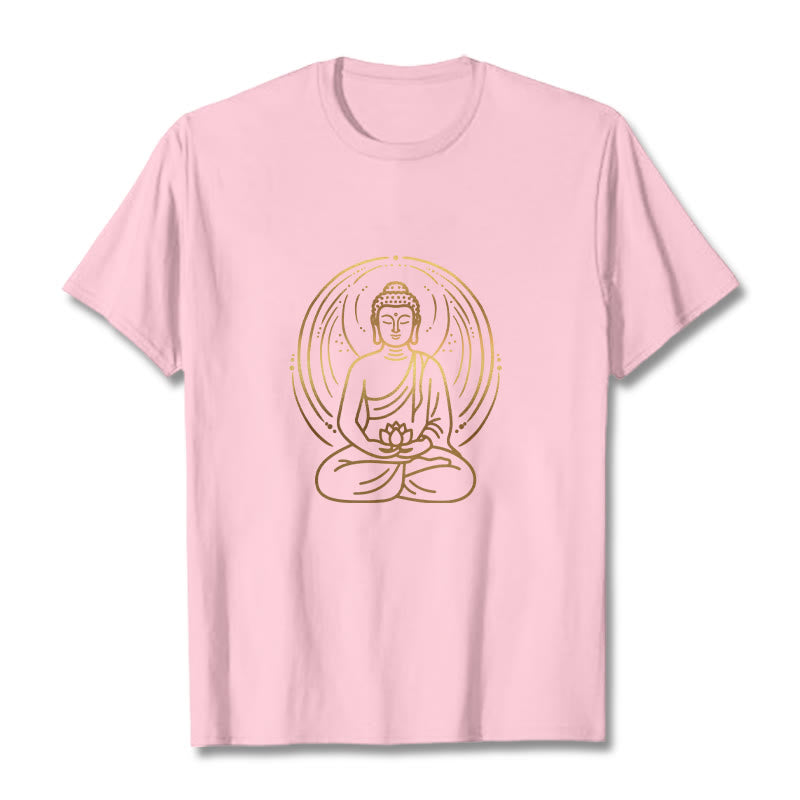 Buddha Stones Złota Medytacja Budda Halo Trzymający Kwiat Lotosu Koszulka T-shirt - Jasnoróżowy - 2XL - image 12