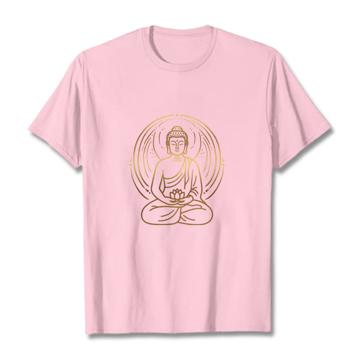 Buddha Stones Złota Medytacja Budda Halo Trzymający Kwiat Lotosu Koszulka T-shirt - Jasnoróżowy - 2XL - image 12