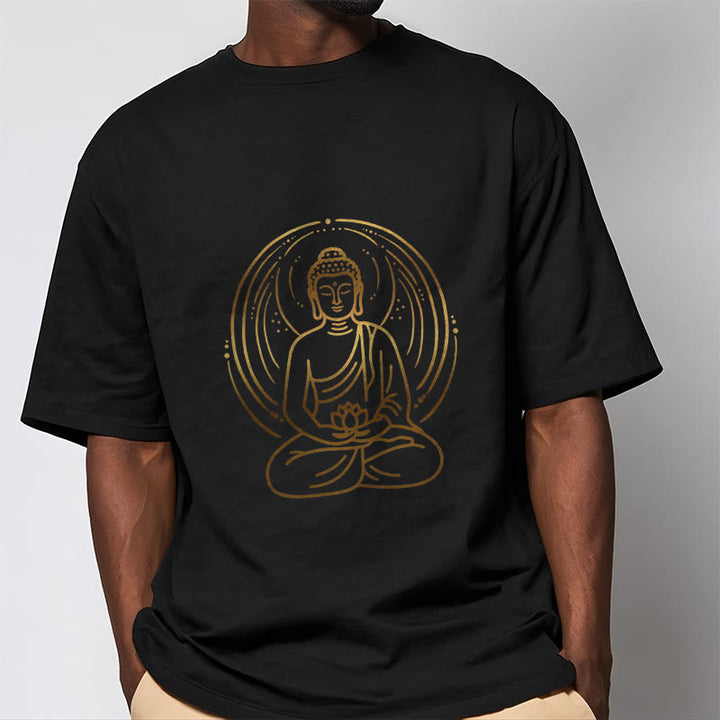 Buddha Stones Złota Medytacja Budda Halo Trzymający Kwiat Lotosu Koszulka T-shirt - image 4