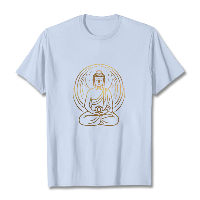 Buddha Stones Złota Medytacja Budda Halo Trzymający Kwiat Lotosu Koszulka T-shirt - Jasnoniebieski - 2XL - image 18