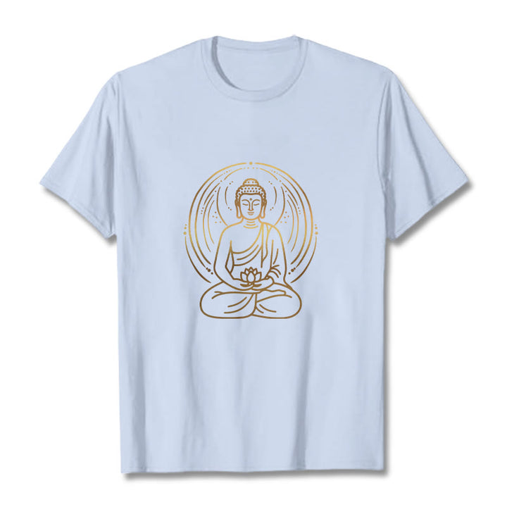 Buddha Stones Złota Medytacja Budda Halo Trzymający Kwiat Lotosu Koszulka T-shirt - Jasnoniebieski - 2XL - image 18