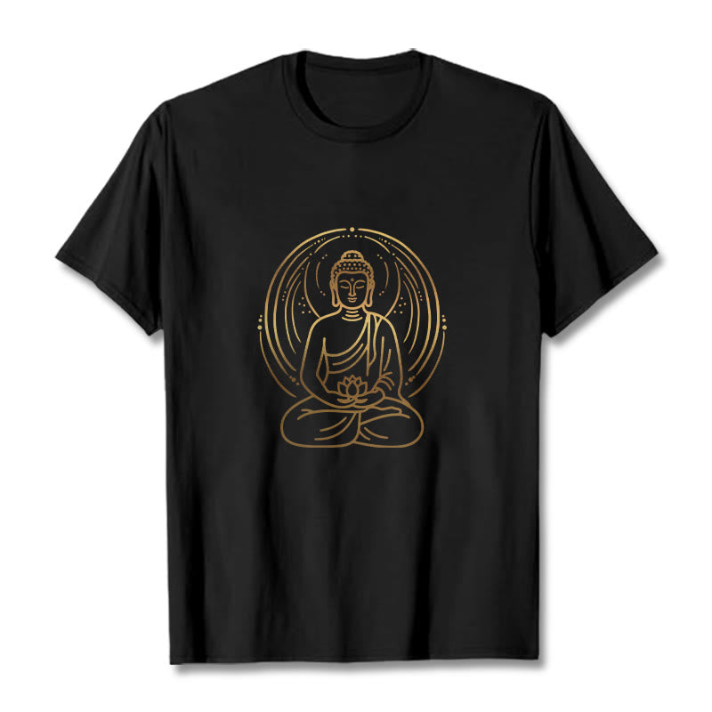 Buddha Stones Złota Medytacja Budda Halo Trzymający Kwiat Lotosu Koszulka T-shirt - Czarny - 2XL - image 3
