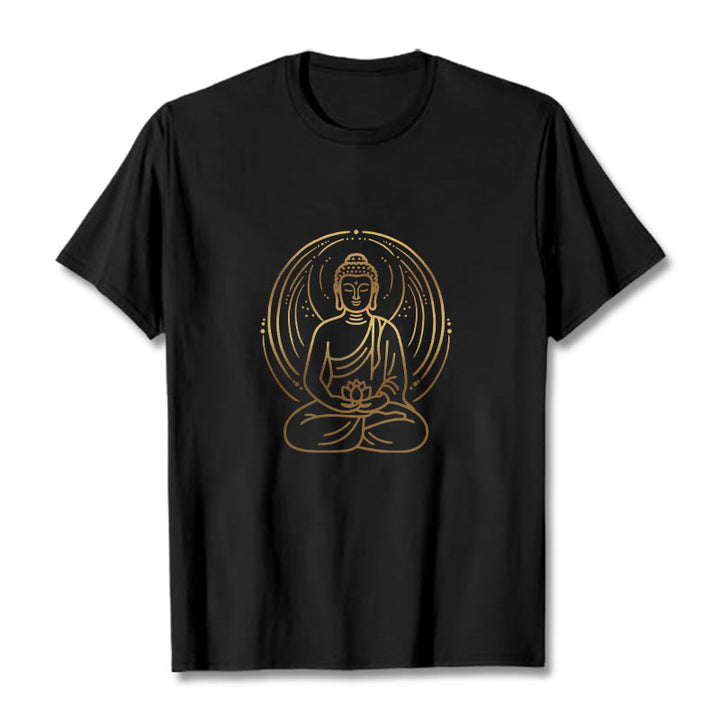 Buddha Stones Złota Medytacja Budda Halo Trzymający Kwiat Lotosu Koszulka T-shirt - Czarny - 2XL - image 3