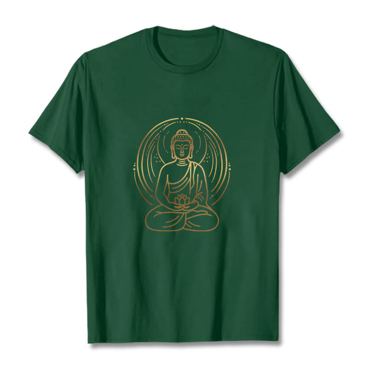 Buddha Stones Złota Medytacja Budda Halo Trzymający Kwiat Lotosu Koszulka T-shirt - ForestGreen - 2XL - image 0