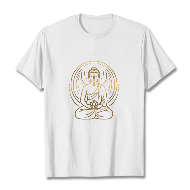 Buddha Stones Złota Medytacja Budda Halo Trzymający Kwiat Lotosu Koszulka T-shirt - Biały - 2XL - image 7