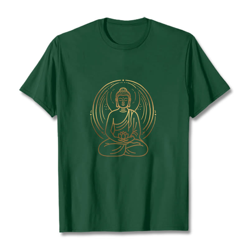 Buddha Stones Złota Medytacja Budda Halo Trzymający Kwiat Lotosu Koszulka T-shirt - ForestGreen - 2XL - image 1