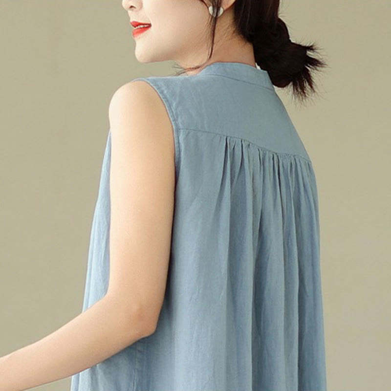 Sukienka midi z jednorzędową plisowaną sukienką Buddha Stones bez rękawów z bawełny i lnu - image 16