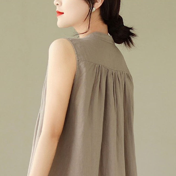 Sukienka midi z jednorzędową plisowaną sukienką Buddha Stones bez rękawów z bawełny i lnu - image 10