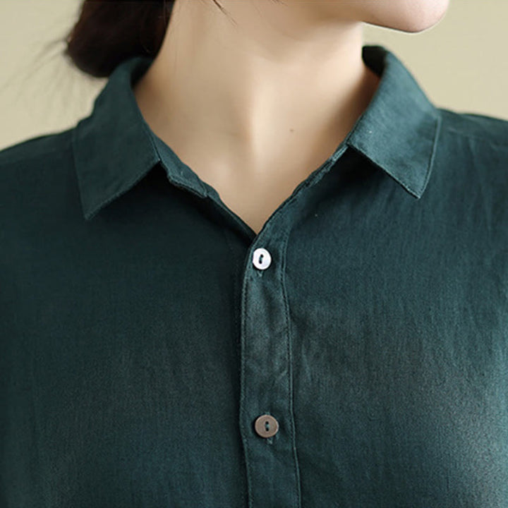 Letnia sukienka midi z bawełny i lnu z krótkim rękawem i ściągaczem "Buddha Stones" z kieszeniami - image 12