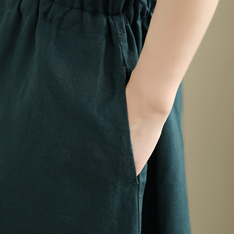 Letnia sukienka midi z bawełny i lnu z krótkim rękawem i ściągaczem "Buddha Stones" z kieszeniami - image 14