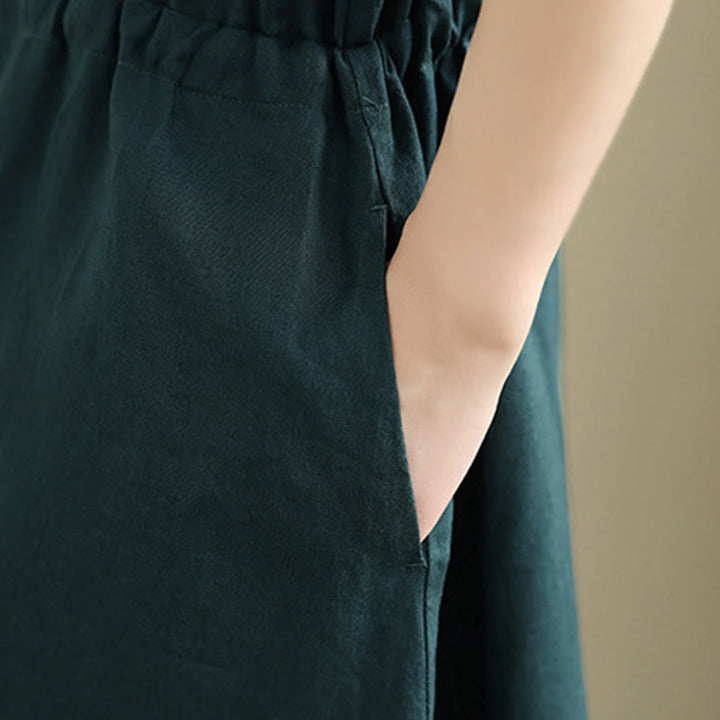 Letnia sukienka midi z bawełny i lnu z krótkim rękawem i ściągaczem "Buddha Stones" z kieszeniami - image 14