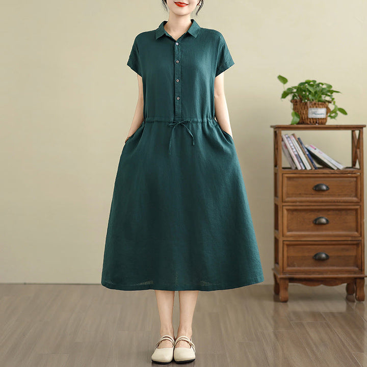 Letnia sukienka midi z bawełny i lnu z krótkim rękawem i ściągaczem "Buddha Stones" z kieszeniami - image 7