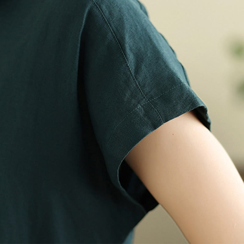 Letnia sukienka midi z bawełny i lnu z krótkim rękawem i ściągaczem "Buddha Stones" z kieszeniami - image 13