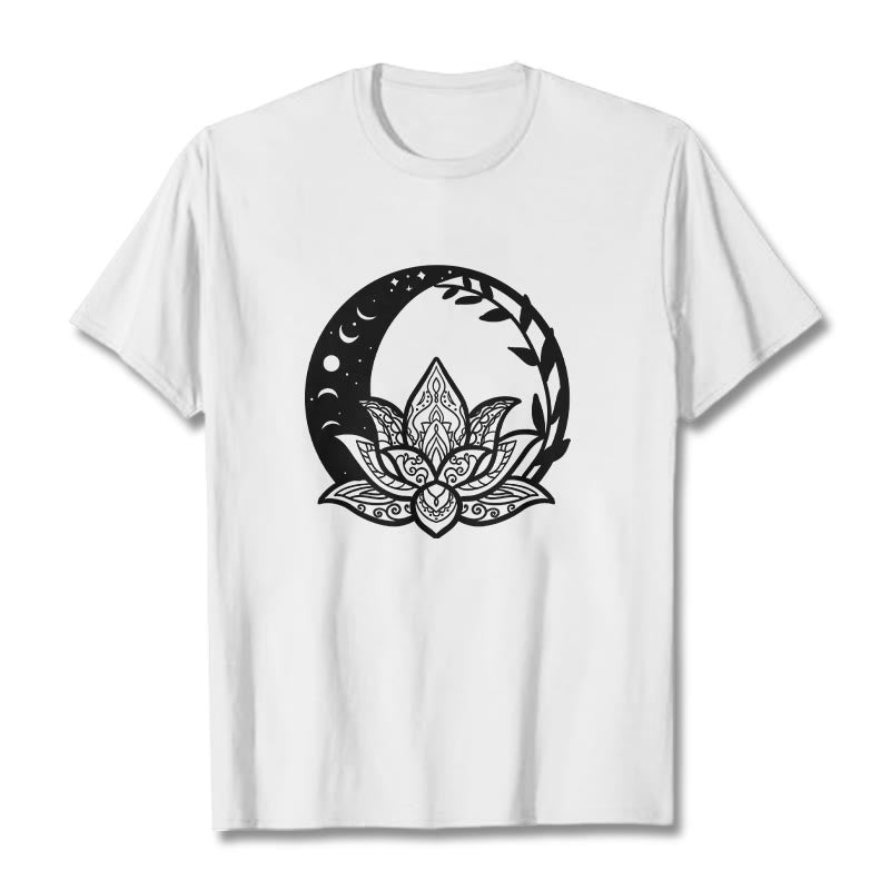 Buddha Stones Kwiat Lotosu Słońce Księżyc Przeplatające Się Winorośle Koszulka T-shirt - Biały - 2XL - image 1