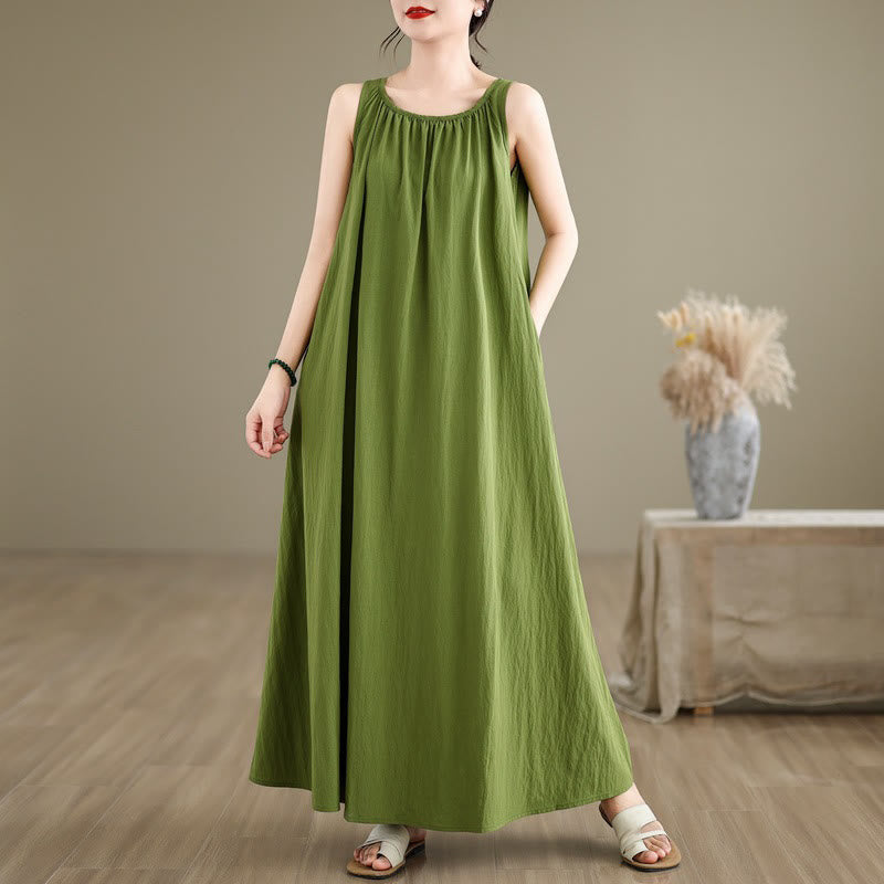 Sukienka midi z bawełny Buddha Stones, letnia, swobodna, plisowana, bez rękawów, z okrągłym dekoltem i kieszeniami - LimeGreen - US8-10，UK/AU12-14，EU40-42 (2XL) - image 1