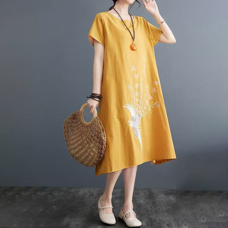 Sukienka midi z bawełny i lnu z krótkim rękawem i nadrukiem "Buddha Stones" w kolorze letnich kamieni, z wzorem feniksa - image 9